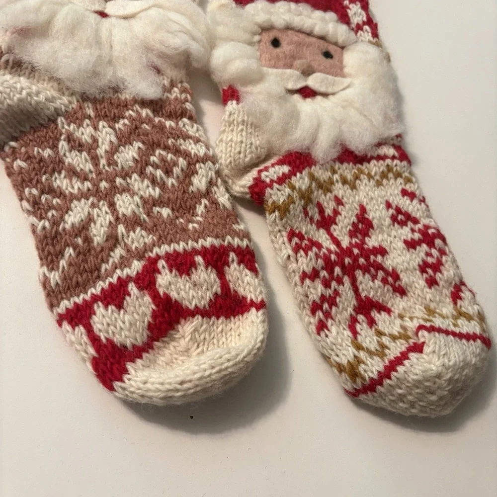 NWT PAIR SANTA Red & White Knit Wool Christmas Stockings $120 MSRP MADE IN NEPAL